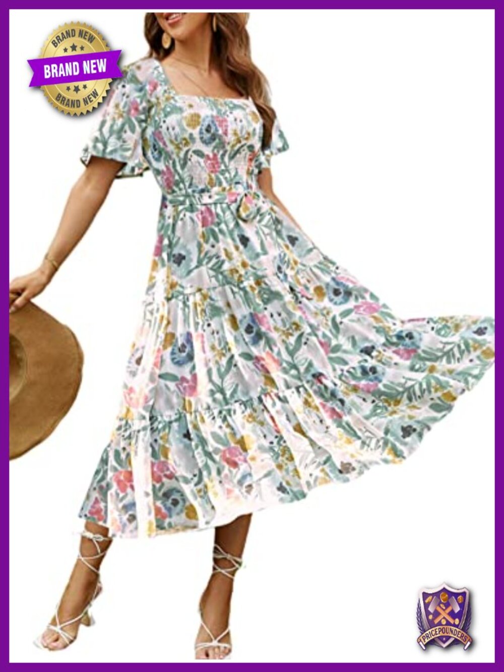 Boho Flowy Square Neck Floral Midi Dress Smocked A-Line Wedding Guest Dress